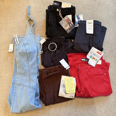 LOT 247B: NWT: Juniors Size L Denim Halter Jumpsuit, Authentic Collection Stretch Lei Jeans, Rave Flare Pants, Brown XOXO Pants, Red...