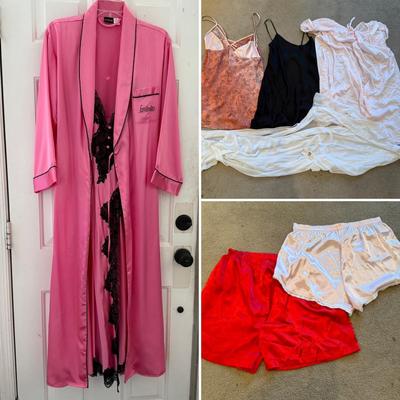 LOT 250B: Pink & Black Frederick's of Hollywood Robe w/ Lace Night Gown, Silk Sleep Shorts & More