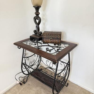 LOT 270L: Glass Top Metal Frame End Table w/ Lamp & Decor Box