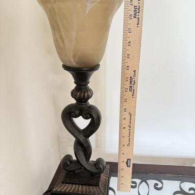 LOT 270L: Glass Top Metal Frame End Table w/ Lamp & Decor Box