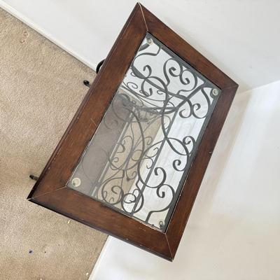 LOT 270L: Glass Top Metal Frame End Table w/ Lamp & Decor Box