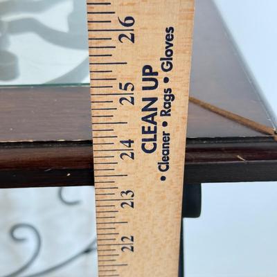 LOT 270L: Glass Top Metal Frame End Table w/ Lamp & Decor Box