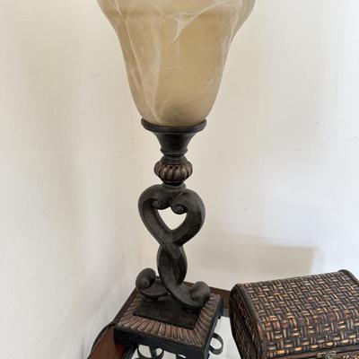 LOT 270L: Glass Top Metal Frame End Table w/ Lamp & Decor Box