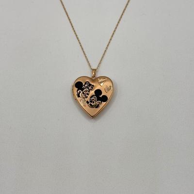 LOT 289J: Vintage 14k Gold Disney Mickey & Minnie Mouse Heart Locket Pendant on 16” 14k Gold Chain (4.7gtw)