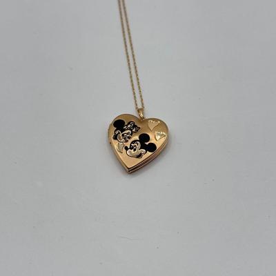 LOT 289J: Vintage 14k Gold Disney Mickey & Minnie Mouse Heart Locket Pendant on 16” 14k Gold Chain (4.7gtw)