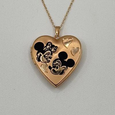 LOT 289J: Vintage 14k Gold Disney Mickey & Minnie Mouse Heart Locket Pendant on 16” 14k Gold Chain (4.7gtw)