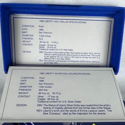 Coins: 1986 Liberty Coins, Proof Silver Dollar and Clad Half-Dollar (4 sets)