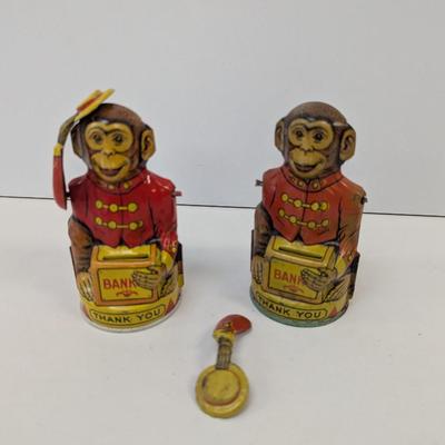 J, Chein Tin Litho Monkey Tipping Hat Mechanical Savings Bank
