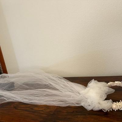 Sheath Style Beaded Wedding Dress with Beaded Headpiece Veil - Size 12