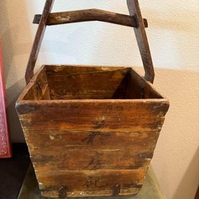 Large Antique Chinese Elmwood Grain Basket Carrier