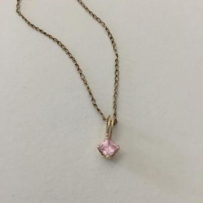 14 karat gold filled chain necklace and pink rhinestone pendant