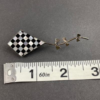 -2- SILVER | Checkered Black Onyx & Shell Art Kite Brooch | Marked