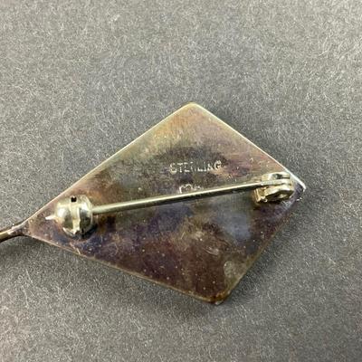 -2- SILVER | Checkered Black Onyx & Shell Art Kite Brooch | Marked