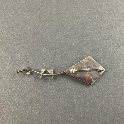 -2- SILVER | Checkered Black Onyx & Shell Art Kite Brooch | Marked