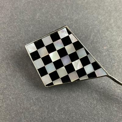 -2- SILVER | Checkered Black Onyx & Shell Art Kite Brooch | Marked