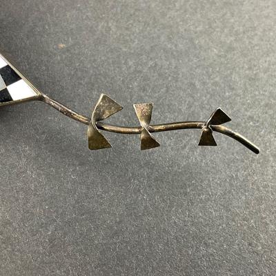 -2- SILVER | Checkered Black Onyx & Shell Art Kite Brooch | Marked