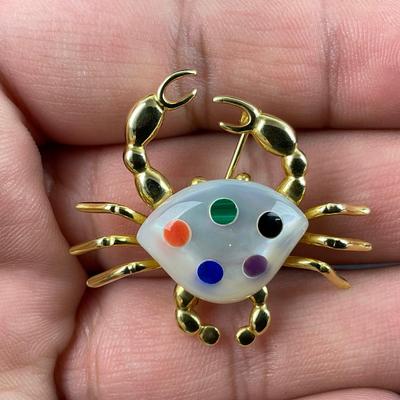 -5- GOLD | 14K M.O.P & Stone Crab Unique Brooch | Marked