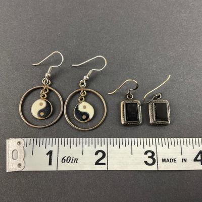 -14- STERLING | Pair Of Ying & Yang And Onyx Earrings | Marked