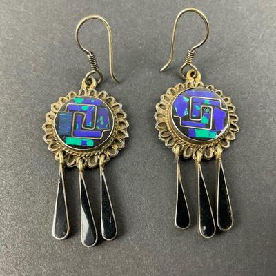 -15- STERLING | Unique Blue Stone & Onyx Dangle Earrings | Marked