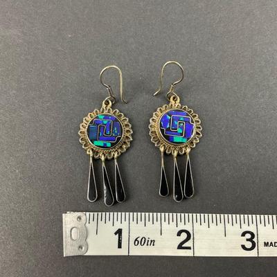 -15- STERLING | Unique Blue Stone & Onyx Dangle Earrings | Marked