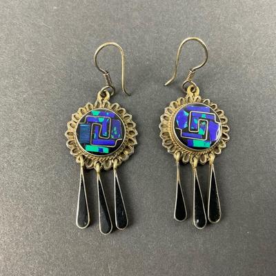-15- STERLING | Unique Blue Stone & Onyx Dangle Earrings | Marked
