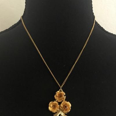 Vintage, mid-century floral gold tone pendant & vintage chain necklace