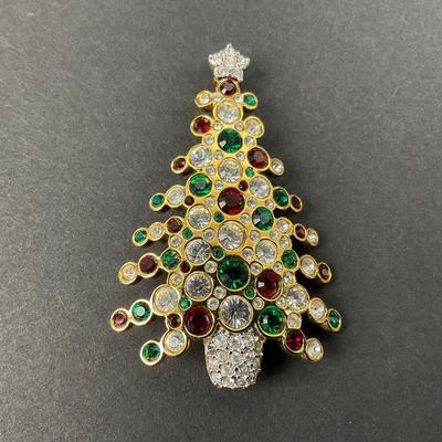 -27- SWAROVSKI | Gold Plated Green & Red Colored Christmas Tree Brooch | Marked