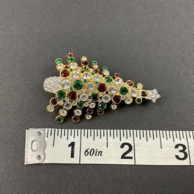 -27- SWAROVSKI | Gold Plated Green & Red Colored Christmas Tree Brooch | Marked