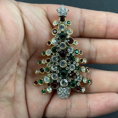 -27- SWAROVSKI | Gold Plated Green & Red Colored Christmas Tree Brooch | Marked