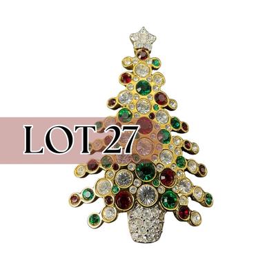 -27- SWAROVSKI | Gold Plated Green & Red Colored Christmas Tree Brooch | Marked