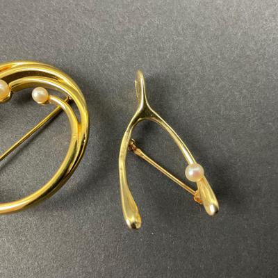 -28- BROOCH | One Monet Marked & One 14K Gold Wishbone