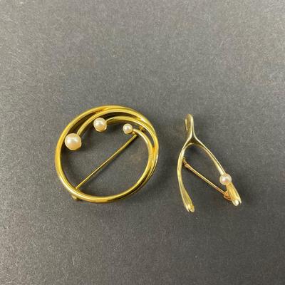 -28- BROOCH | One Monet Marked & One 14K Gold Wishbone