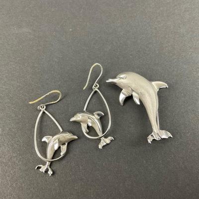 -29- BEAU-STER | Sterling Silver Brushed Dolphin Pendant & Earrings | Marked