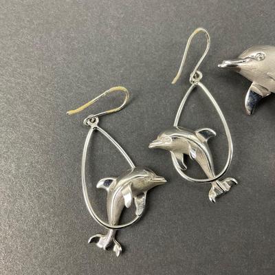 -29- BEAU-STER | Sterling Silver Brushed Dolphin Pendant & Earrings | Marked