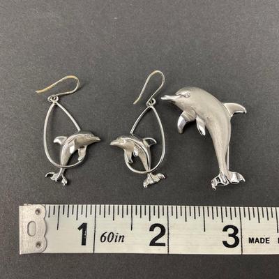-29- BEAU-STER | Sterling Silver Brushed Dolphin Pendant & Earrings | Marked