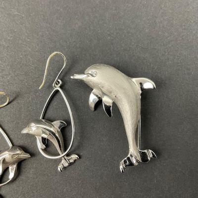 -29- BEAU-STER | Sterling Silver Brushed Dolphin Pendant & Earrings | Marked
