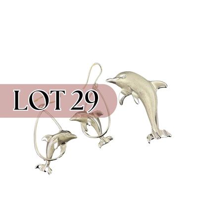 -29- BEAU-STER | Sterling Silver Brushed Dolphin Pendant & Earrings | Marked