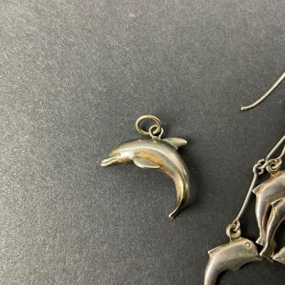 -30- JEWELRY | Dolphin Sterling Marked Pendant & Jumping Dolphin Earrings