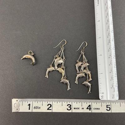 -30- JEWELRY | Dolphin Sterling Marked Pendant & Jumping Dolphin Earrings