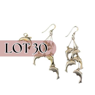 -30- JEWELRY | Dolphin Sterling Marked Pendant & Jumping Dolphin Earrings