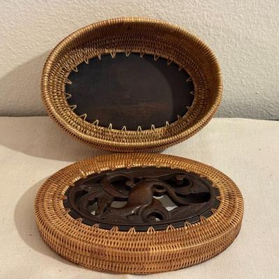 Indonesian Oval Lombok Trinket Basket with Carved Inlaid Wooden Lid