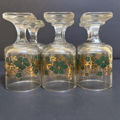 LOT 204: Brass Kiddush Cup Holder & Glass Set made in Isreal, Set of 6 Footed Glasses along with Blue Stem, Swirl Optic Glassware