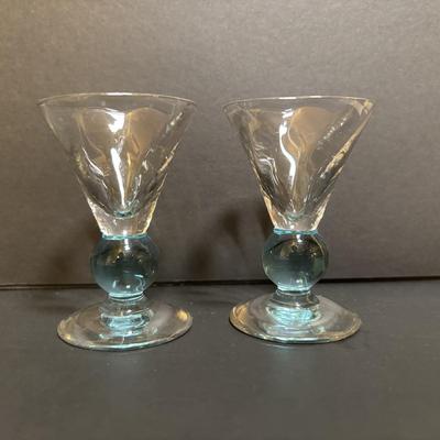 LOT 204: Brass Kiddush Cup Holder & Glass Set made in Isreal, Set of 6 Footed Glasses along with Blue Stem, Swirl Optic Glassware