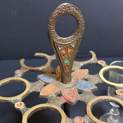 LOT 204: Brass Kiddush Cup Holder & Glass Set made in Isreal, Set of 6 Footed Glasses along with Blue Stem, Swirl Optic Glassware