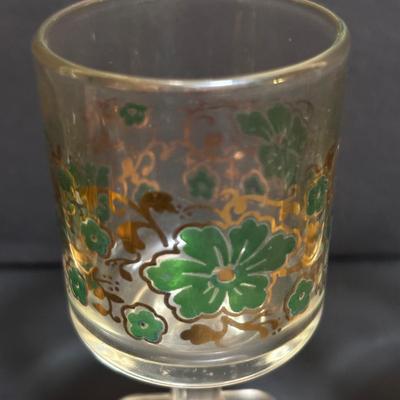 LOT 204: Brass Kiddush Cup Holder & Glass Set made in Isreal, Set of 6 Footed Glasses along with Blue Stem, Swirl Optic Glassware