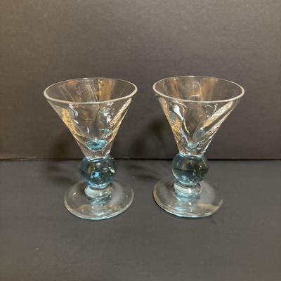 LOT 204: Brass Kiddush Cup Holder & Glass Set made in Isreal, Set of 6 Footed Glasses along with Blue Stem, Swirl Optic Glassware