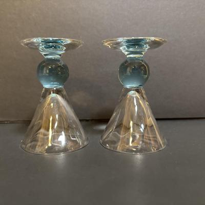 LOT 204: Brass Kiddush Cup Holder & Glass Set made in Isreal, Set of 6 Footed Glasses along with Blue Stem, Swirl Optic Glassware