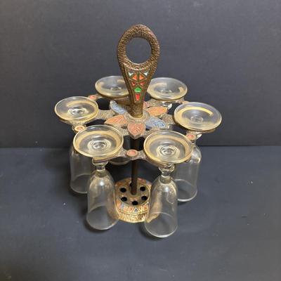 LOT 204: Brass Kiddush Cup Holder & Glass Set made in Isreal, Set of 6 Footed Glasses along with Blue Stem, Swirl Optic Glassware