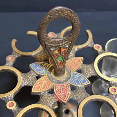 LOT 204: Brass Kiddush Cup Holder & Glass Set made in Isreal, Set of 6 Footed Glasses along with Blue Stem, Swirl Optic Glassware