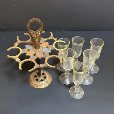 LOT 204: Brass Kiddush Cup Holder & Glass Set made in Isreal, Set of 6 Footed Glasses along with Blue Stem, Swirl Optic Glassware
